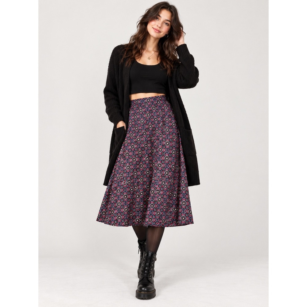 Vintage Laura Scott Midi Skirt Womens Size Medium Black Red Dark Academia Grunge
